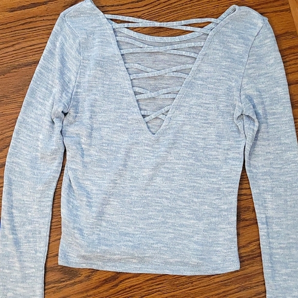 Light Blue Heathered Criss-cross Back Shirt - Long Sleeve Shirt - Picture 2 of 5